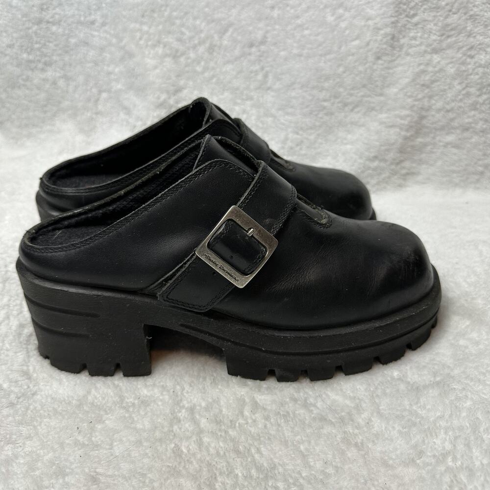 Harley-Davidson Black Leather Chunky Buckle Mules Platform Clogs Size9 Goth Y2K
